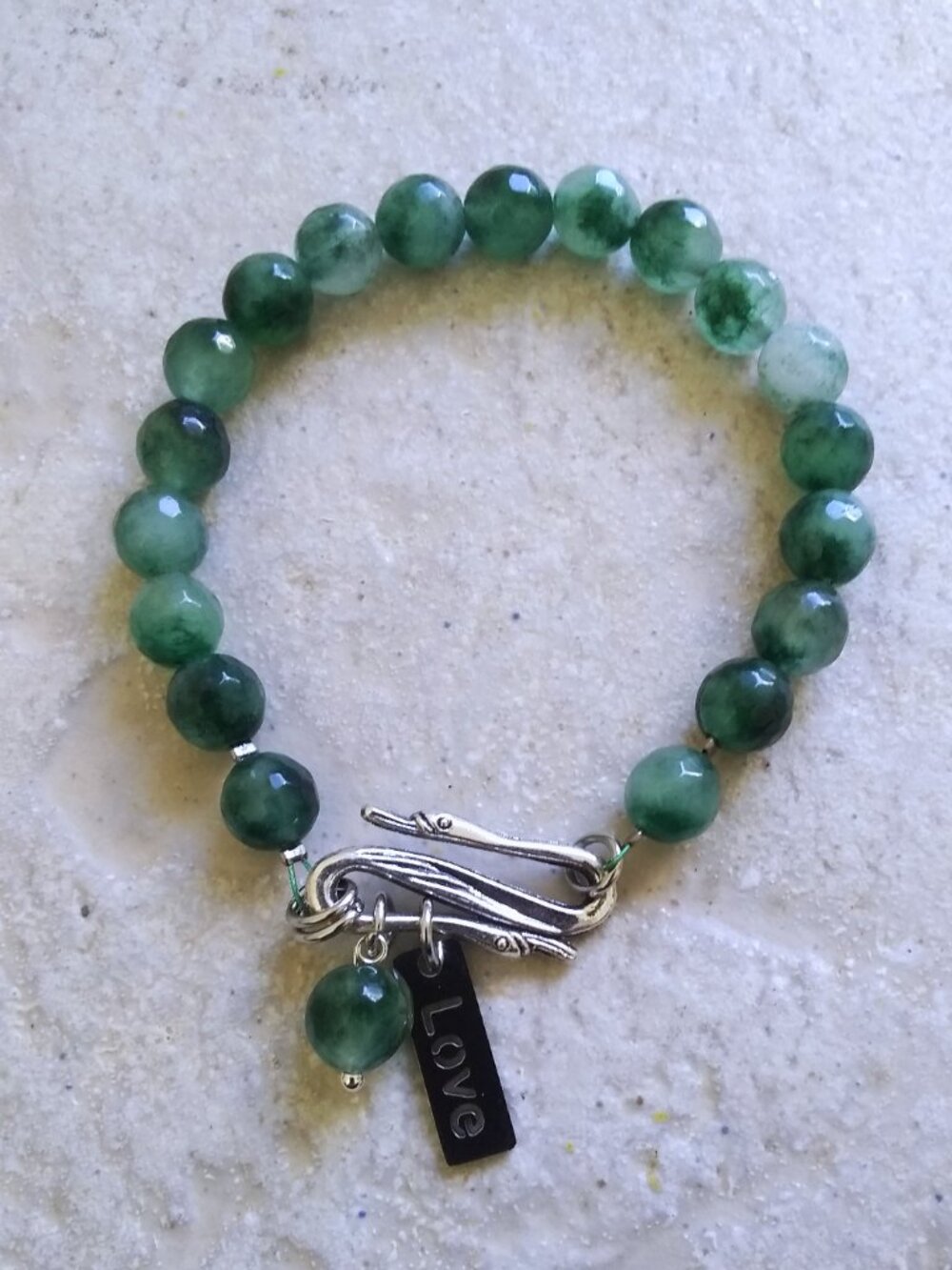 Swans, Love & Green Agate - OOAK Handmade Beaded Charm Bracelet - Easy Closure